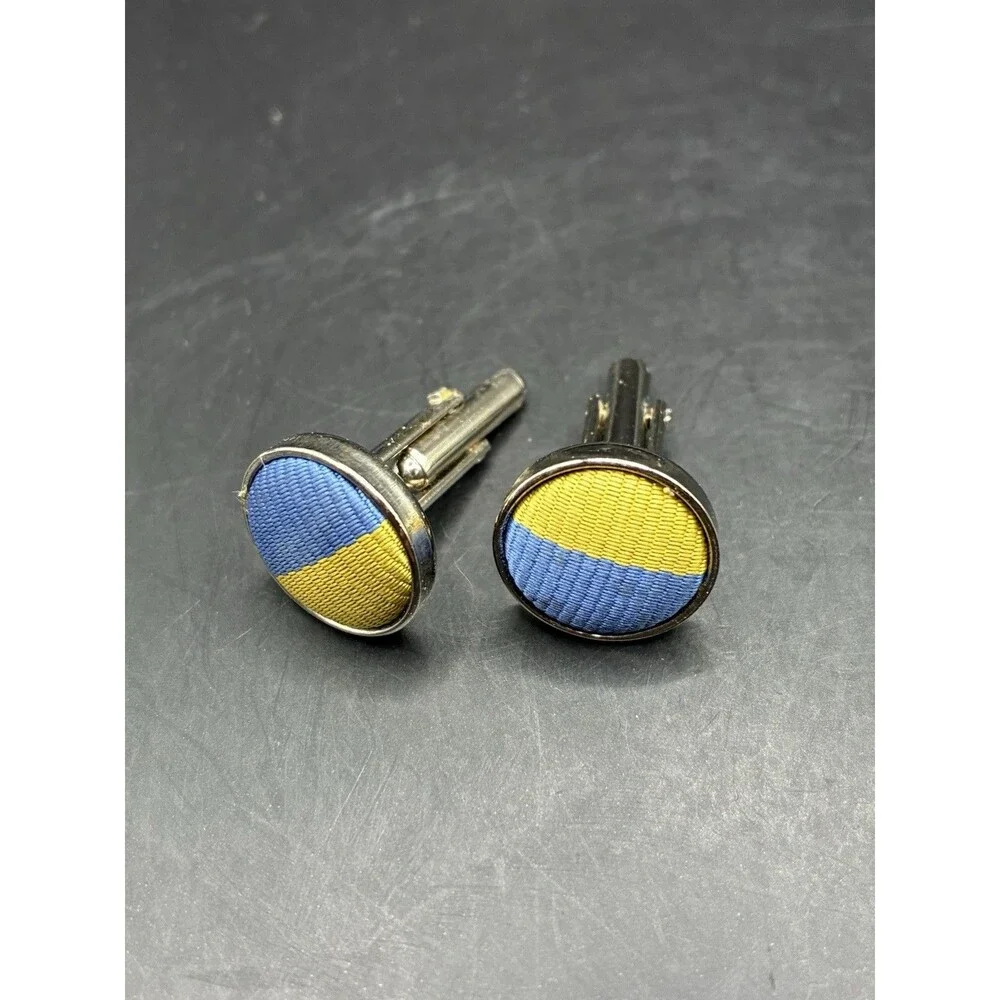 Vintage Silver Tone Cufflinks Blue Gold Woven Fabric Inlay Round Mid Century